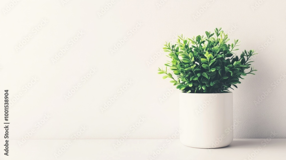 Fototapeta premium A vibrant green plant in a minimalistic white pot with a clean, neutral backdrop, illustrating freshness and simplicity