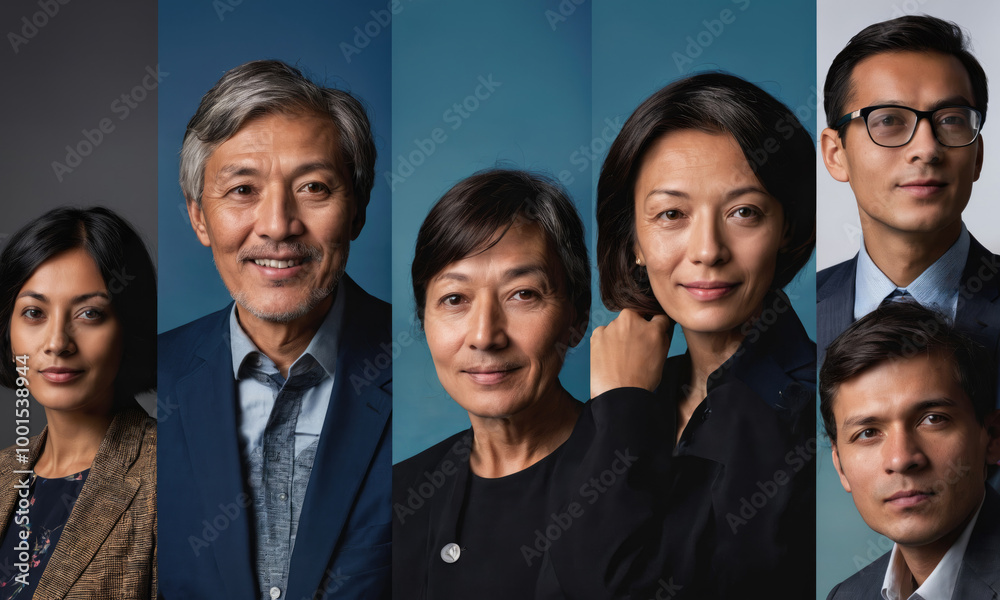 Five diverse individuals pose for a portrait against a blue background Five diverse individuals pose for a portrait against a blue background