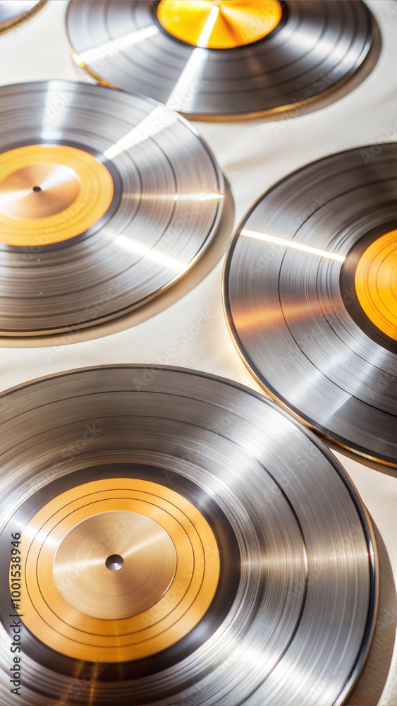 Shiny metallic vinyl records with golden labels reflecting light Shiny metallic vinyl records with golden labels reflecting light