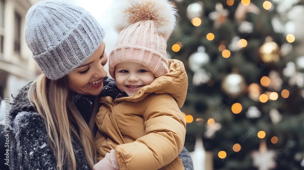 Obraz premium Mother and Daughter Share a Loving Moment in Winter Wonderland