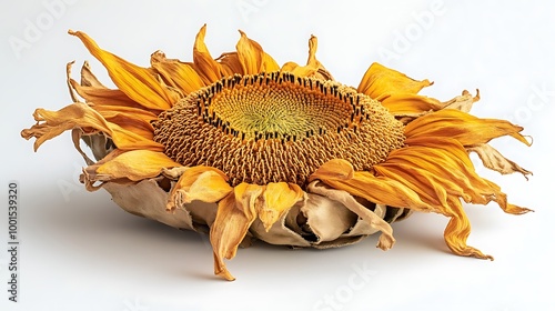 A vibrant single dried sunflower arranged on a white surface, adding a cheerful touch for design templates. photo