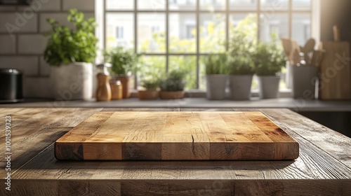 Selective focusEnd grain wood counter top with cutting board on blur kitchen in morning window backgroundFor montage product display or design key visual : Generative AI