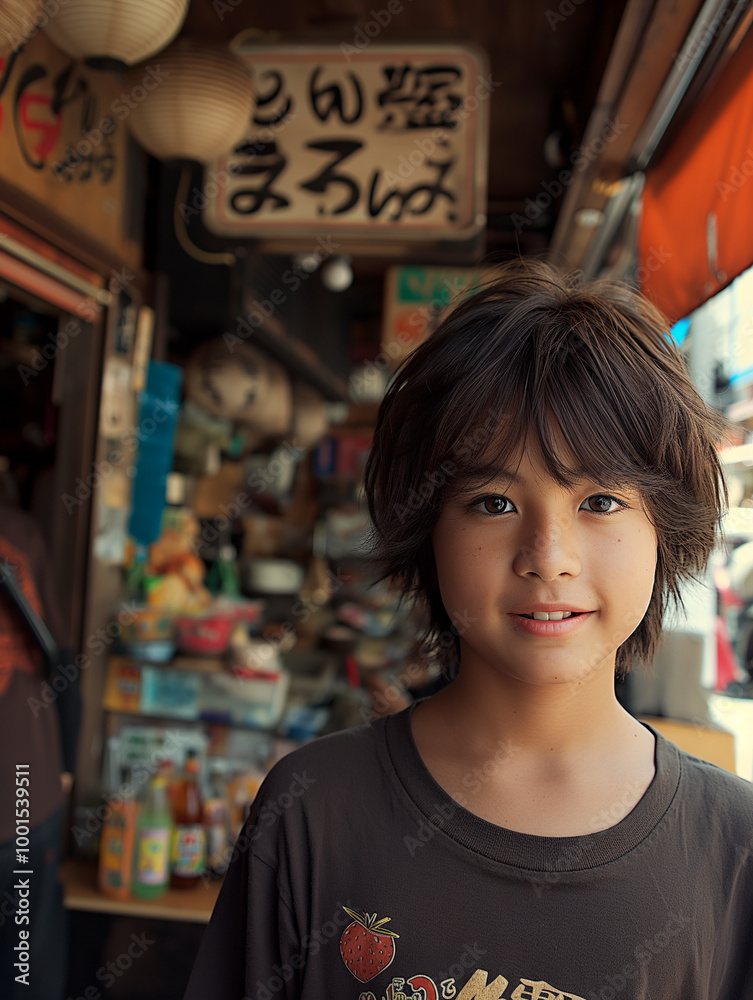 Smiling boy standing at street market shop entrance with traditional lanterns and bottles on display Smiling boy standing at street market shop entrance with traditional lanterns and bottles on display