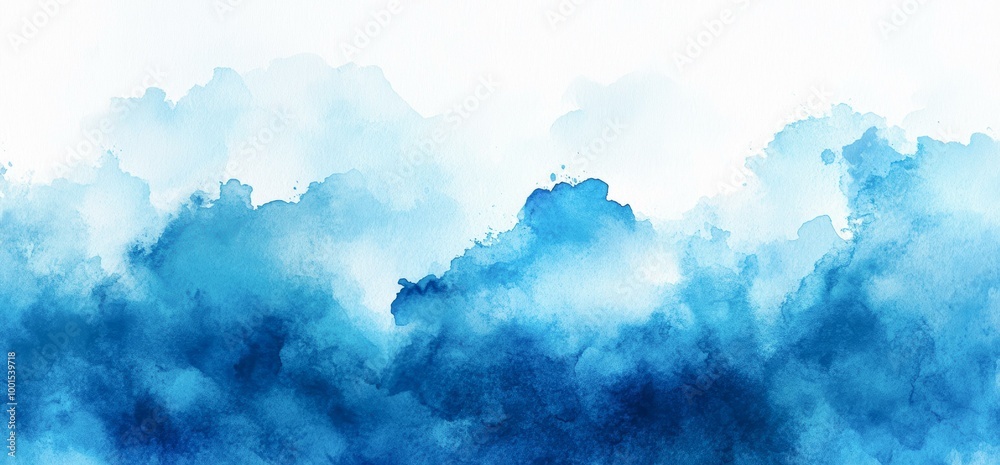 Blue watercolor splashes blend seamlessly to create a tranquil and artistic background perfect for use in design projects, digital art, presentations, and stationary,