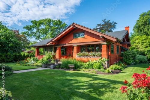 Bright Craftsman home painted in sunny orange, surrounded by a well-kept lawn and garden.