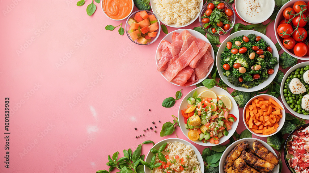 Healthy ingredients in bowls with salad, fish, chicken, tomatoes, and greens for a delicious meal Healthy ingredients in bowls with salad, fish, chicken, tomatoes, and greens for a delicious meal