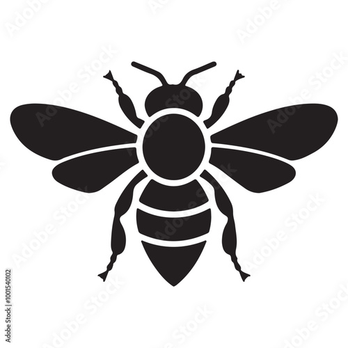 Vector illustration of a black bee icon in a silhouettes style. Honey Bee icon, honey bee isolated on white background. 