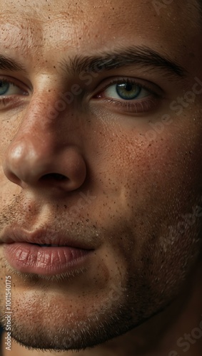 Close-up masculine portrait of a short-haired Caucasian man.