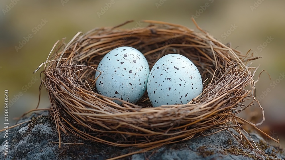 Speckled bird eggs resting in a nest on a branch in natural setting Speckled bird eggs resting in a nest on a branch in natural setting