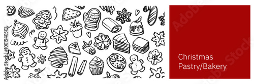 Isolated vector set of Christmas Bakery. Hand drawn and chalked cookies, barolls, pies, cakes, pastries, croissants, panettone, strudel. Vintage template with pastries sketch. Fresh bakery. Shop.