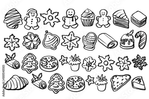 Isolated vector set of Christmas Bakery. Hand drawn and chalked cookies, barolls, pies, cakes, pastries, croissants, panettone, strudel. Vintage template with pastries sketch. Fresh bakery. Shop.