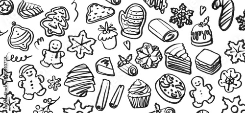 Isolated vector set of Christmas Bakery. Hand drawn and chalked cookies, barolls, pies, cakes, pastries, croissants, panettone, strudel. Vintage template with pastries sketch. Fresh bakery. Shop.