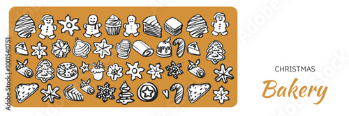 Isolated vector set of Christmas Bakery. Hand drawn and chalked cookies, barolls, pies, cakes, pastries, croissants, panettone, strudel. Vintage template with pastries sketch. Fresh bakery. Shop.