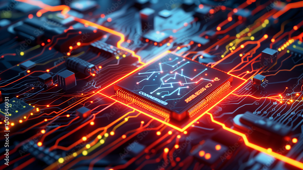 High-tech microchip processor on a glowing circuit board showcasing cutting-edge technology High-tech microchip processor on a glowing circuit board showcasing cutting-edge technology