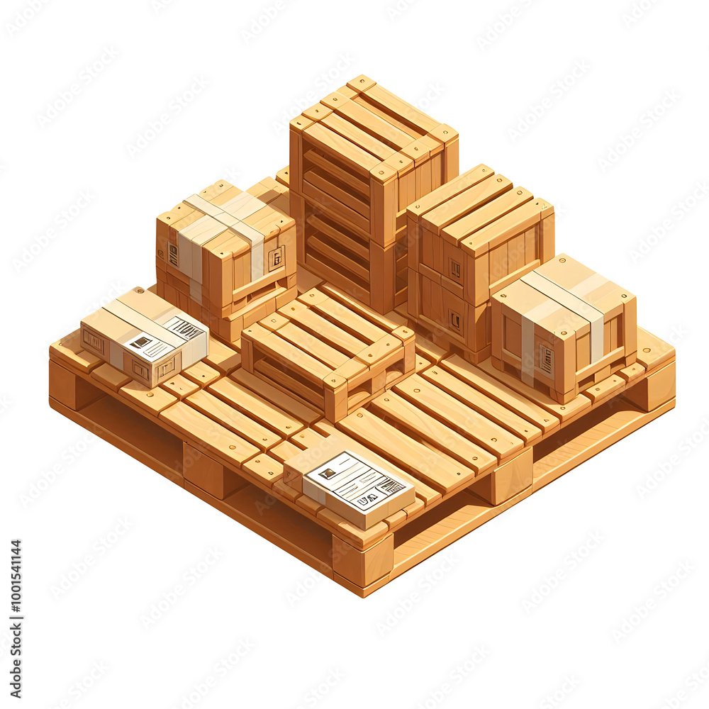 cartoon-style Wooden pallet isometric view isolated on transparent background