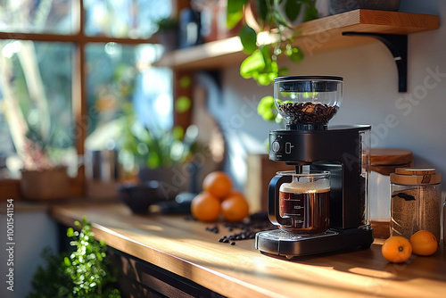 Morning coffee brewing in a sunny kitchen with fresh oranges and a cup of freshly ground beans