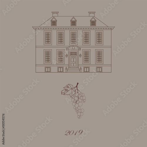 Card with grape and front of old estate house.