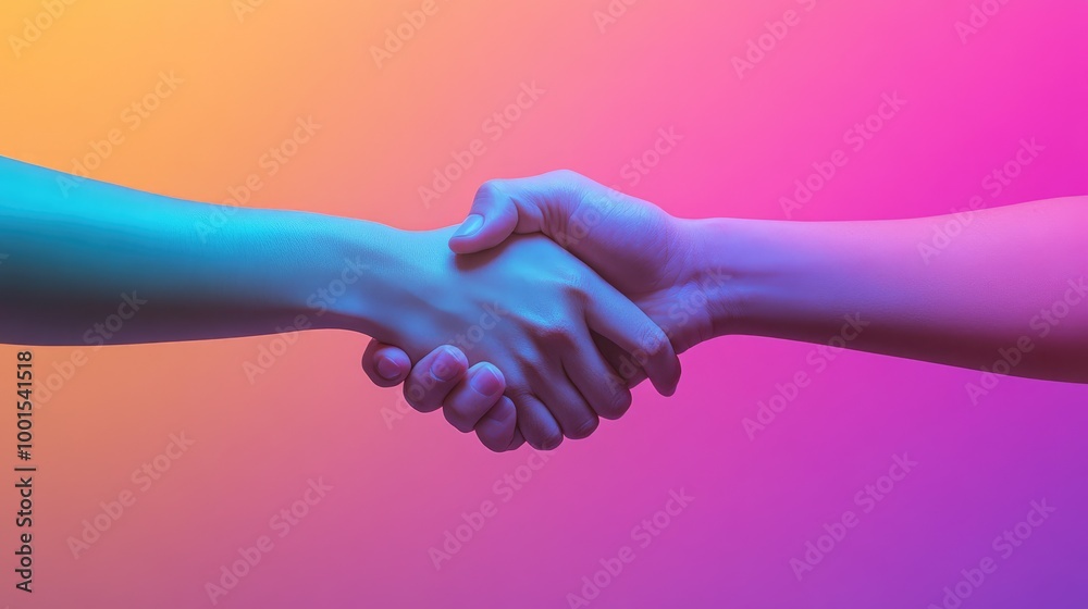 A virtual handshake with a calming gradation background, representing the idea of seamless digital engagement and professional growth