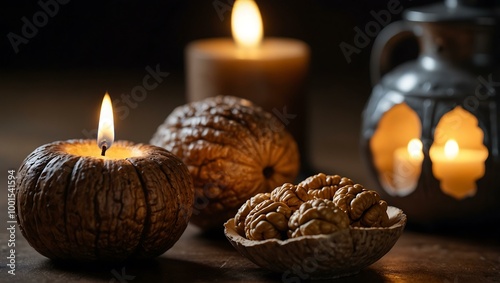 Close-up of a flashlight with a candle and walnuts.