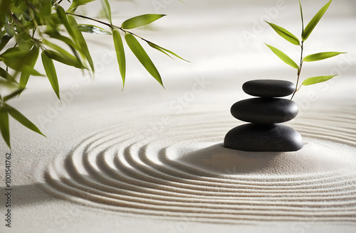 Serenity in Balance A Zen Garden with Stacked Stones and Bamboo
