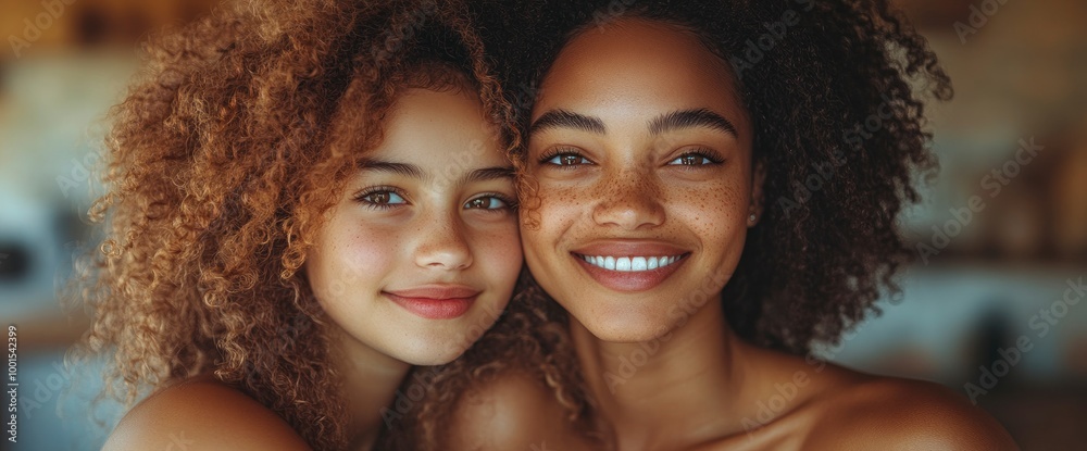 Obraz premium Two Beautiful Women with Curly Hair Smiling Together