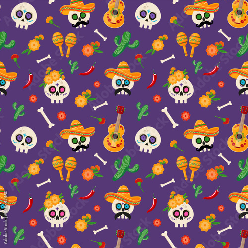 Dia de Los Muertos - Mexican Day of the Dead seamless pattern with colorful mexican traditional objects. Design for print, wrapping paper, textile, fabric, wallpaper. Vector illustration