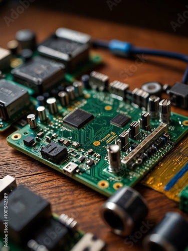 Close-up of a PC motherboard on a wooden table.