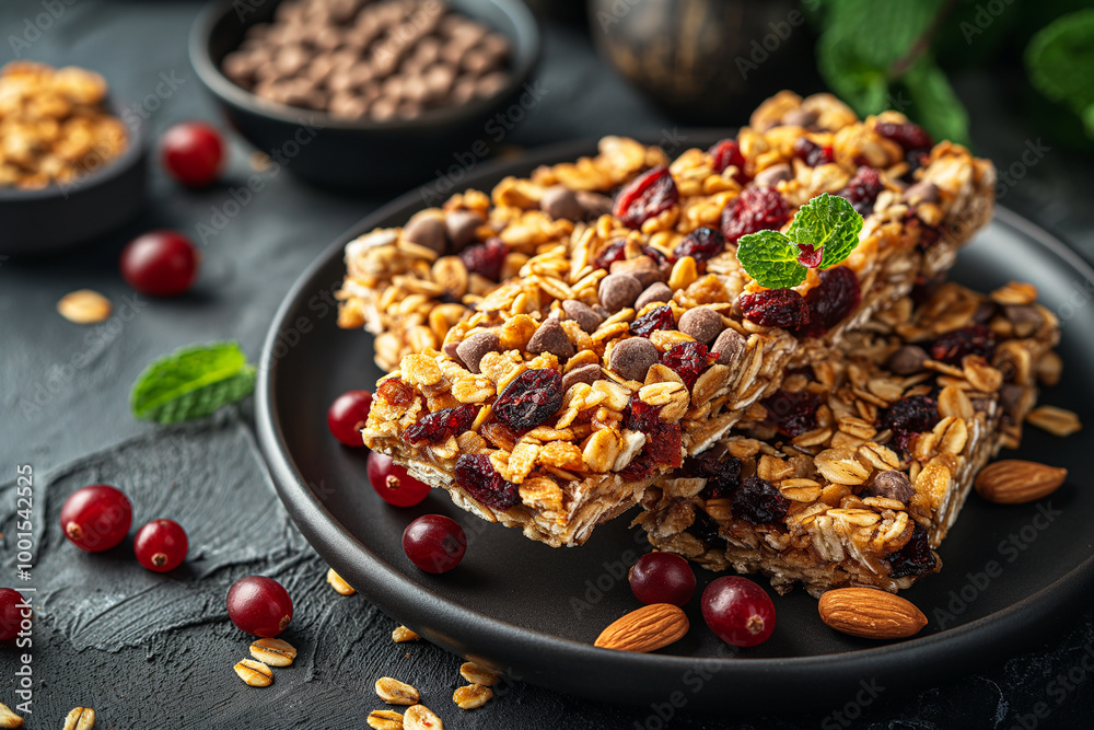 Granola bars with almonds, oats, berries, mint, and fruit make a healthy and delicious snack. Granola bars with almonds, oats, berries, mint, and fruit make a healthy and delicious snack.