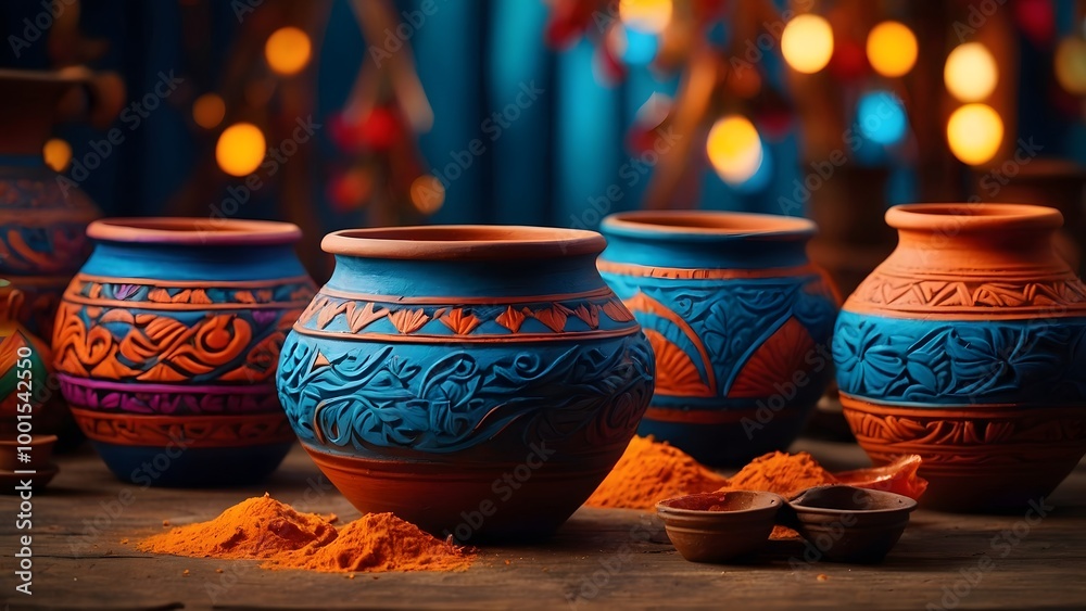 Colorful Handcrafted Clay Pots With Intricate Designs Displayed on a Wooden Table During Festive Celebrations Colorful Handcrafted Clay Pots With Intricate Designs Displayed on a Wooden Table During Festive Celebrations
