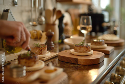 Gourmet meal preparation in a kitchen with delicious food and culinary dishes being served