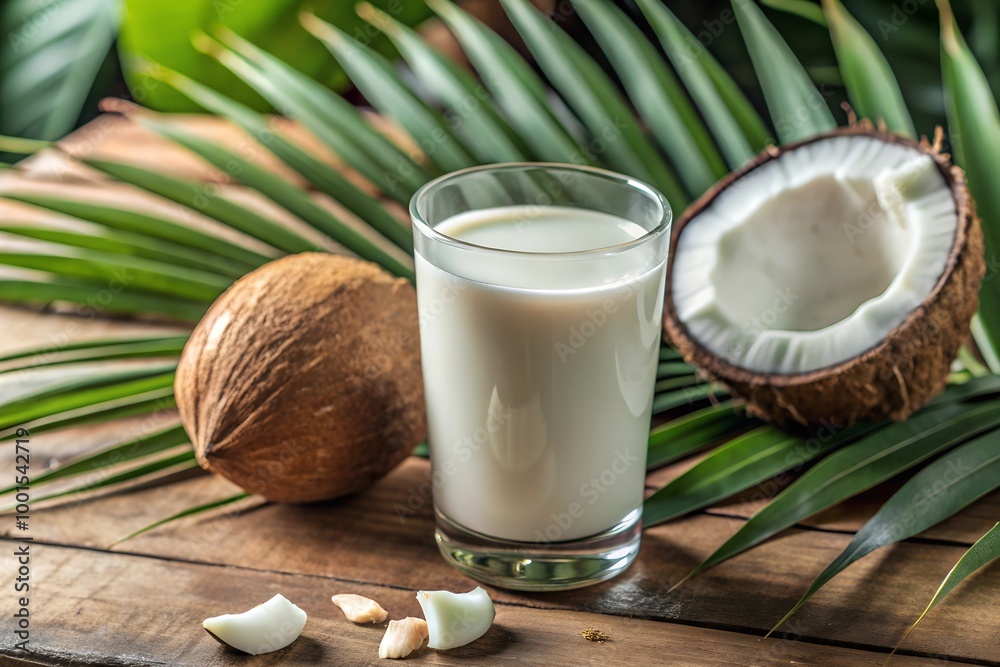 A glass of fresh coconut milk placed next to whole coconuts on a wooden surface, surrounded by tropical palm leaves. Ideal for concepts of vegan milk, tropical beverages, and health. A glass of fresh coconut milk placed next to whole coconuts on a wooden surface, surrounded by tropical palm leaves. Ideal for concepts of vegan milk, tropical beverages, and health.