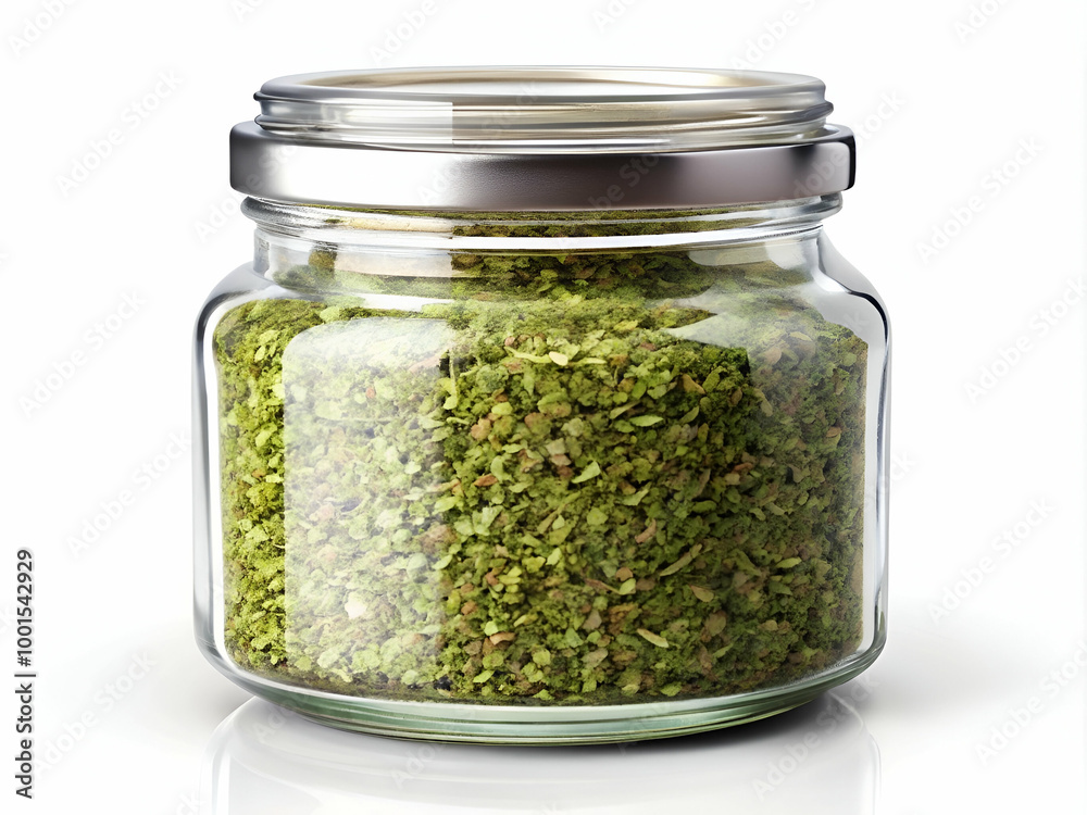 A jar of green powder is sitting on a white background. The jar is made of glass and is almost empty A jar of green powder is sitting on a white background. The jar is made of glass and is almost empty