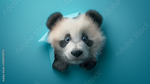 Adorable baby panda with blue background and cute fur staring with big eyes photo