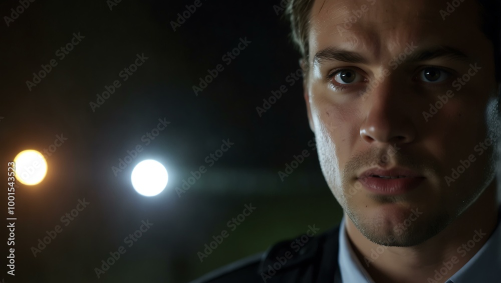 Close-up of a suspect at a crime scene with police lights. Close-up of a suspect at a crime scene with police lights.