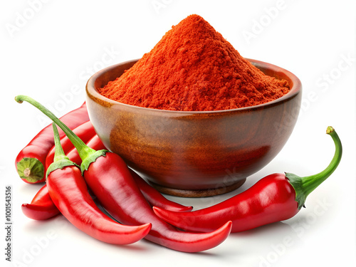 A bowl of red pepper flakes sits next to a bunch of red peppers. The peppers are fresh and vibrant, adding a pop of color to the scene photo