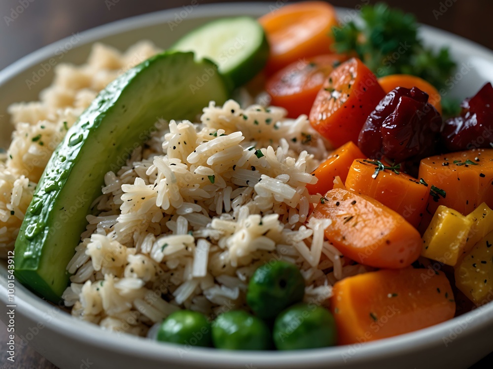 Closeup of a vibrant vegetable rice bowl, highlighting a healthy meal.