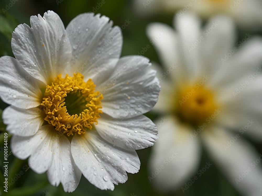 Close-up of a white flower with a yellow center. Close-up of a white flower with a yellow center.