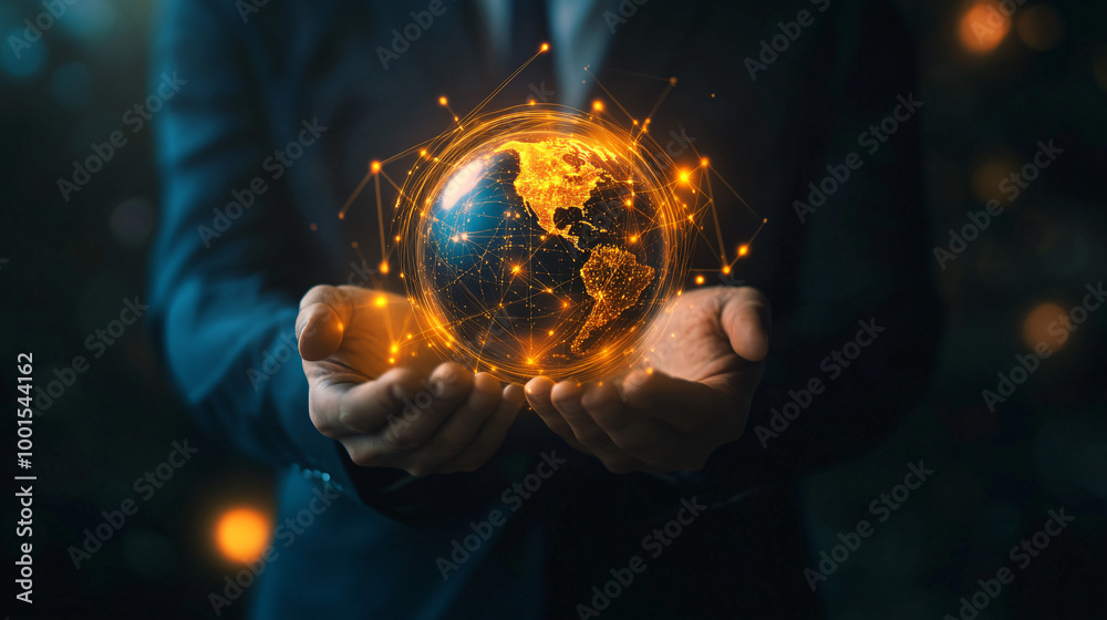 Fototapeta premium Global business and technology: businessman with glowing earth globe and network connection lines