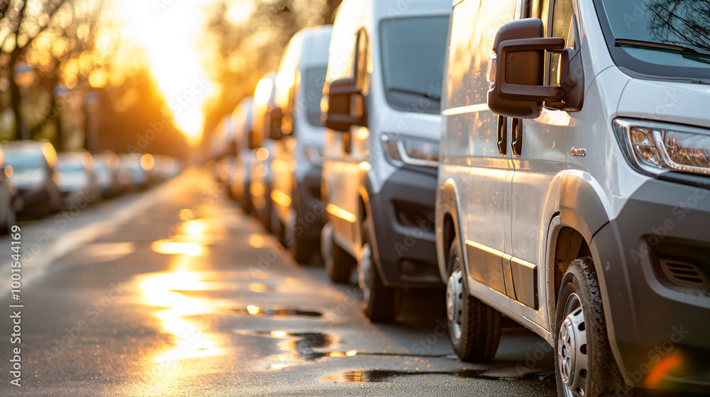 Vans fleet parked in a row at sunset showcasing urban transportation and delivery vehicles. Vans fleet parked in a row at sunset showcasing urban transportation and delivery vehicles.