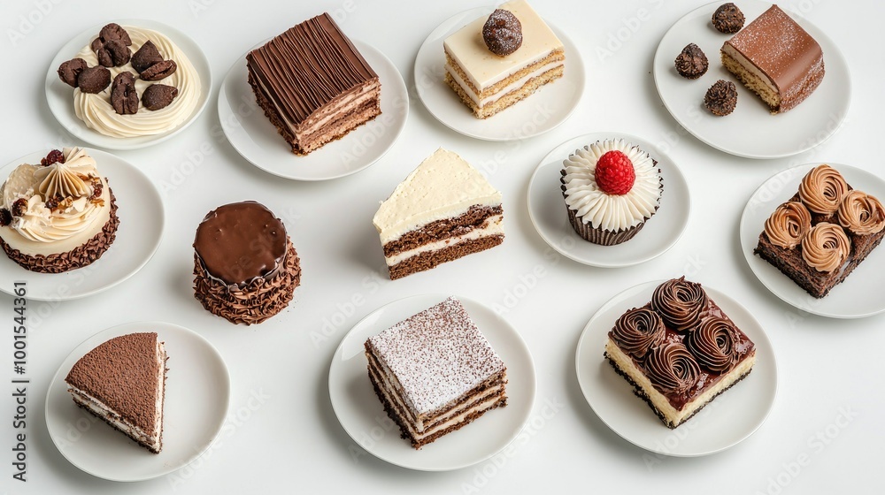 Precision studio photo, perfect white background, tiramisu and various cakes, top-down view, captured with a 50mm macro lens, distortion-free, studio lighting Precision studio photo, perfect white background, tiramisu and various cakes, top-down view, captured with a 50mm macro lens, distortion-free, studio lighting