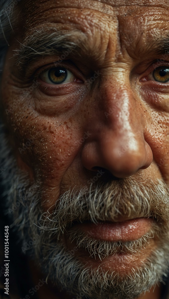 Close-up of an old man's face illuminated by a campfire. Close-up of an old man's face illuminated by a campfire.