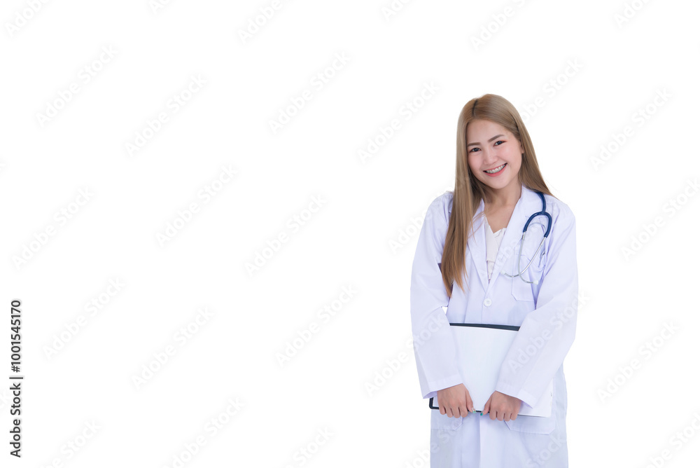 Portrait of young Female doctor with stethoscope on white background,Asian woman,Thailand people,She holding file in hand Portrait of young Female doctor with stethoscope on white background,Asian woman,Thailand people,She holding file in hand
