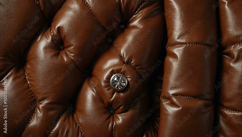 Close-up of brown leather with diamond tufting and metal buttons. Close-up of brown leather with diamond tufting and metal buttons.
