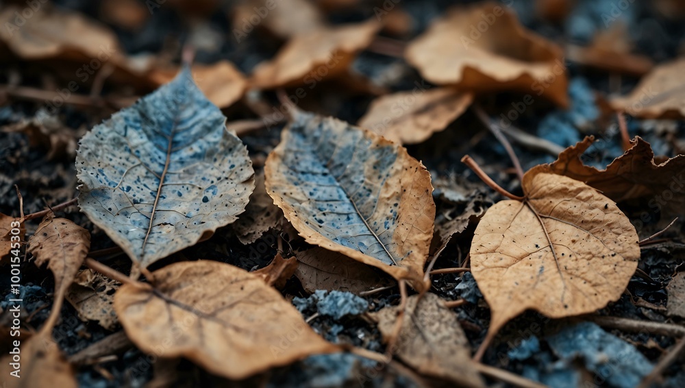 Close-up of dry leaves on the ground, featuring brown and blue-gray tones of winter. Close-up of dry leaves on the ground, featuring brown and blue-gray tones of winter.