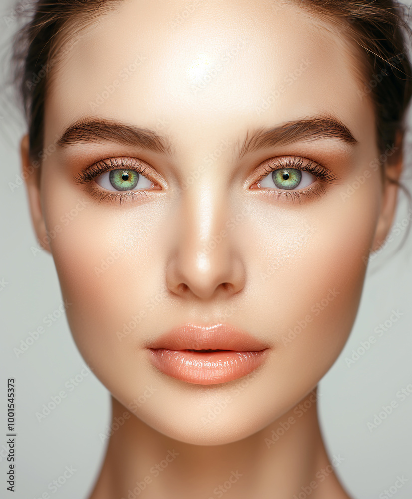 Glamorous female with green eyes, natural makeup, and smooth skin in a closeup beauty portrait Glamorous female with green eyes, natural makeup, and smooth skin in a closeup beauty portrait