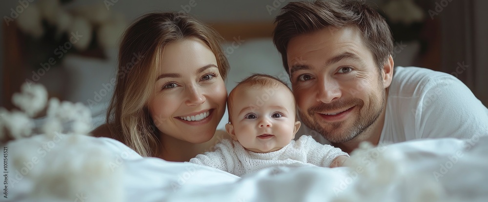 Happy Family of Three in Bed