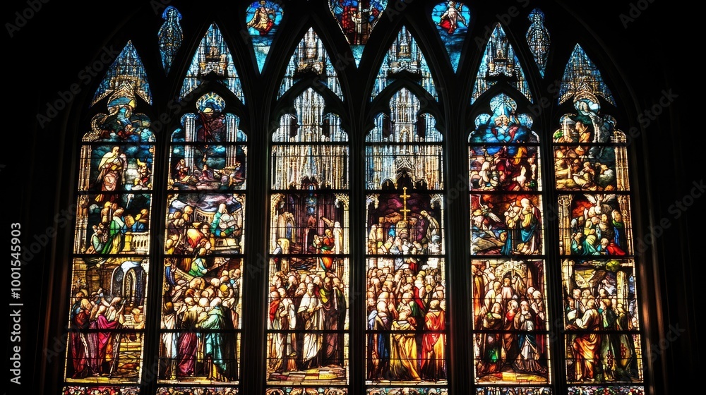 A radiant stained glass window in a Gothic cathedral, depicting intricate biblical scenes and religious figures, A radiant stained glass window in a Gothic cathedral, depicting intricate biblical scenes and religious figures,