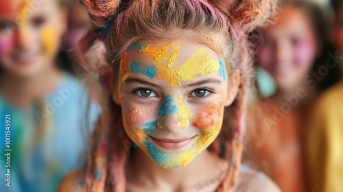 A joyful child with colorful face paint smiling brightly, surrounded by vibrant colors and excited children creating a lively outdoor atmosphere.