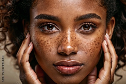 Beauty portrait and natural face of black woman with healthy freckle skin texture touch Aesthetic facial and skincare cosmetic model girl touching cheeks for self love and wellness photo