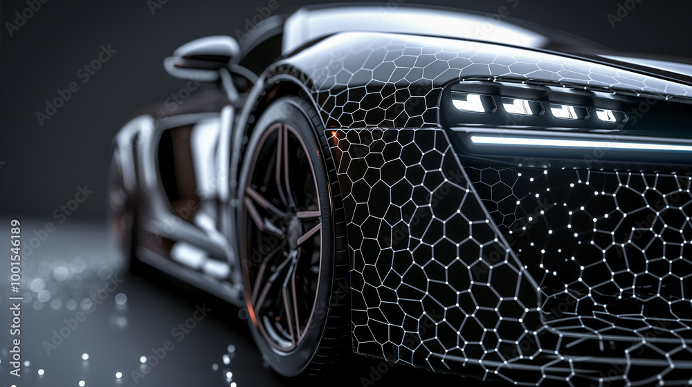 Modern sleek sports automobile with black pattern design and futuristic headlights Modern sleek sports automobile with black pattern design and futuristic headlights